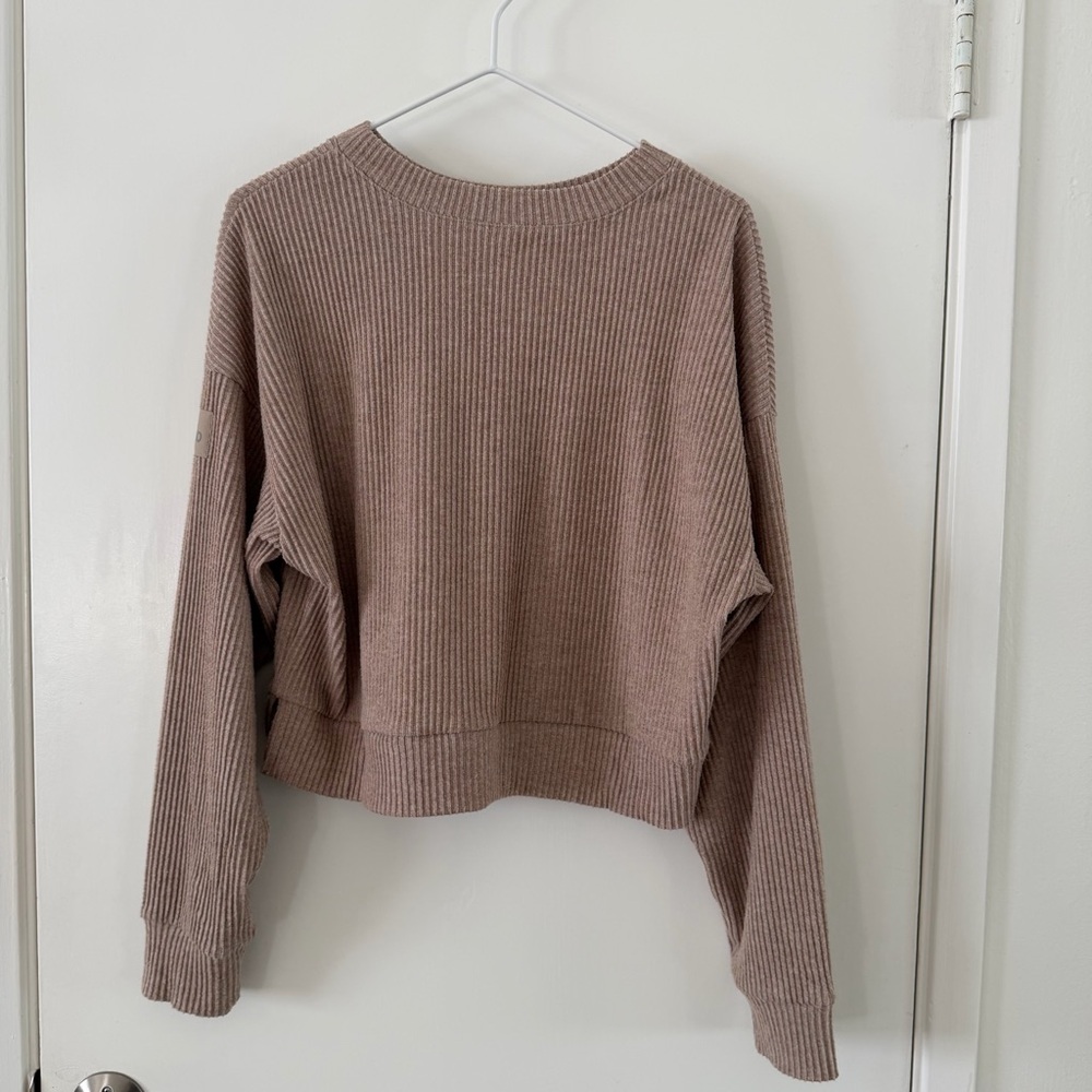 Alo Yoga Muse Ribbed Set Size S Crew Pullover + Wide Leg Pant Gravel Heather - Picture 8 of 11